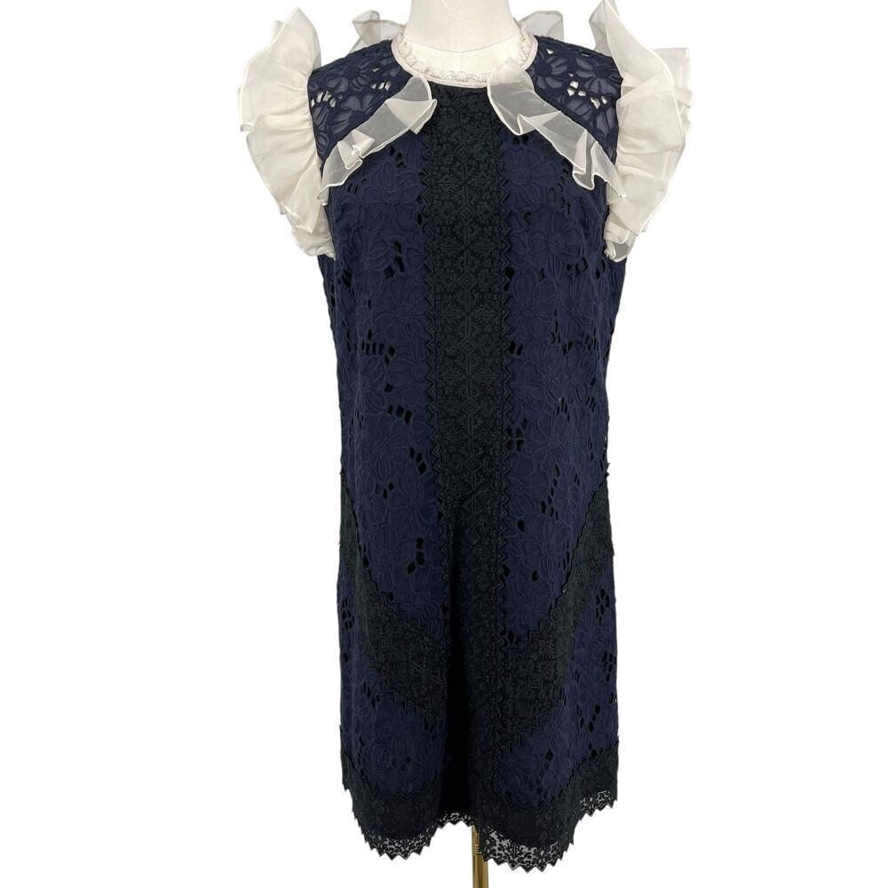 Rebecca Taylor Women's High Neck Ruffle Lace Dress Size 6 Navy Ivory OOAK - Picture 1 of 15